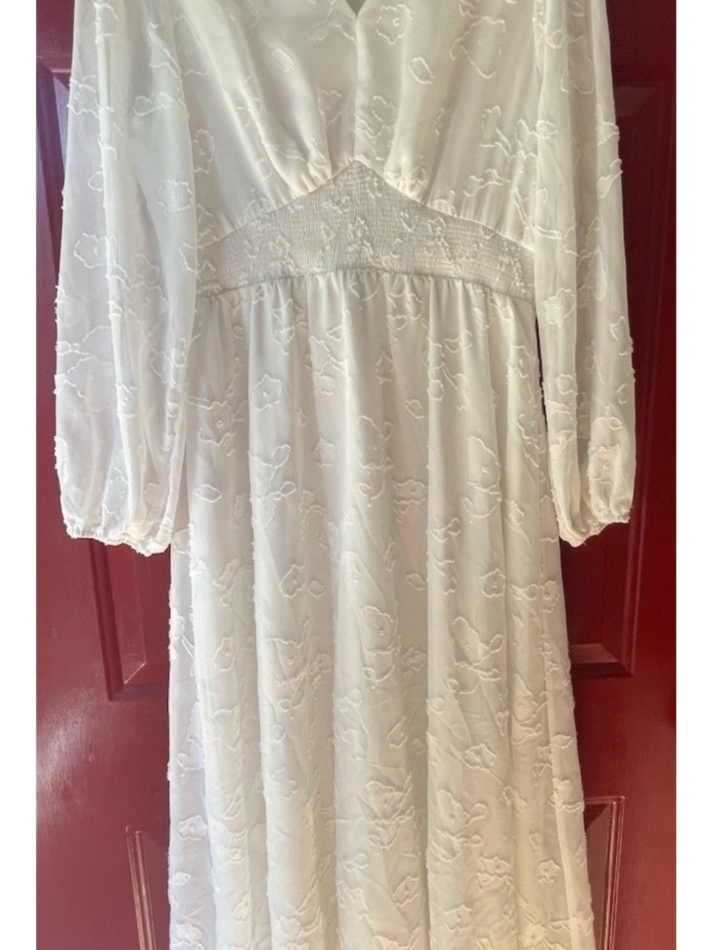 Simple White Embroidered Long Sleeve Maxi Dress